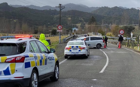 The community roadblock at Manaia south of Coromandel township.