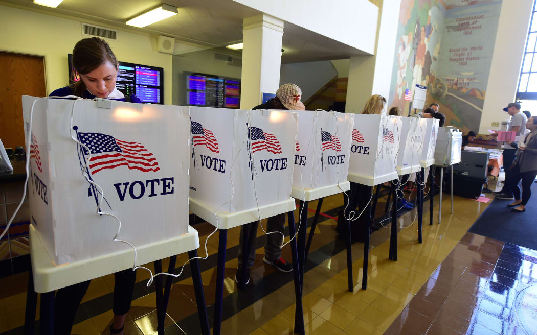 People vote on the US presidential election at Santa Monica City Hall in Santa Monica, California.