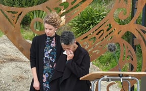 Laura Clarke comforts Ngati Oneone elder Charlotte Gibson after expressing regret over the first encounter with the Endevour crew that resulted in her ancestor Te Maro being killed.