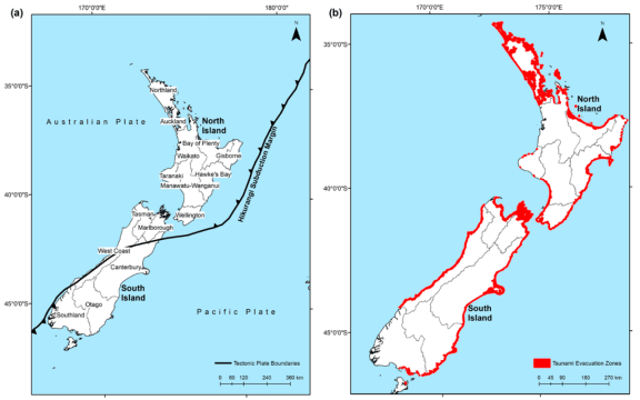 (a) New Zealand regional authority boundaries and (b) coastline coverage with mapped tsunami evacuation zones.