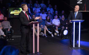 Election 2023 Newshub debate Chris Hipkins and Christopher Luxon are grilled by Patrick Gower from Newshub during the Leaders debate at Q Theatre in Auckland on Wednesday night. 27 September 2023 Photograph by Greg Bowker