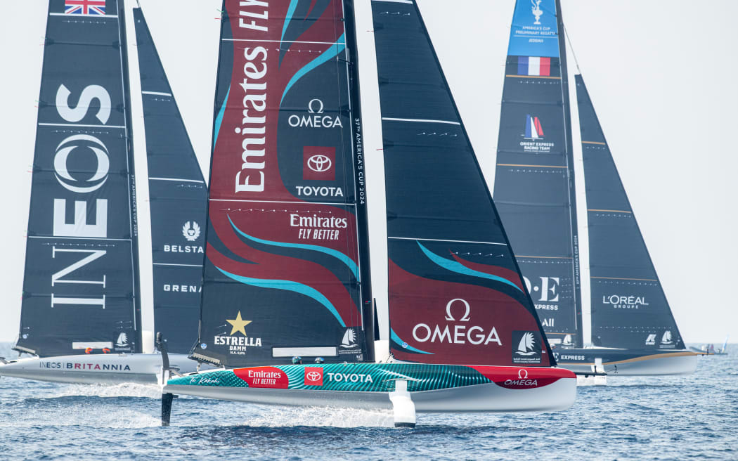 Team New Zealand  boat Te Kakahi (C) at the America's Cup Preliminary Regatta Jeddah.