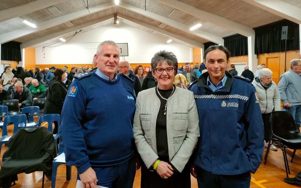 Rural Canterbury police superintendent inspector Peter Cooper (left), Hurunui Mayor Marie Black and rural police prevention manager senior sergeant Anna Lloyd attended a meeting in Amberley in August to discuss the proposed police restructure.