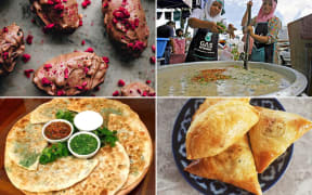A composite image of various recipe images, including choco-covered dates, Uzbek somsa's, Afghan bolani and Malaysian bubur lambuk.