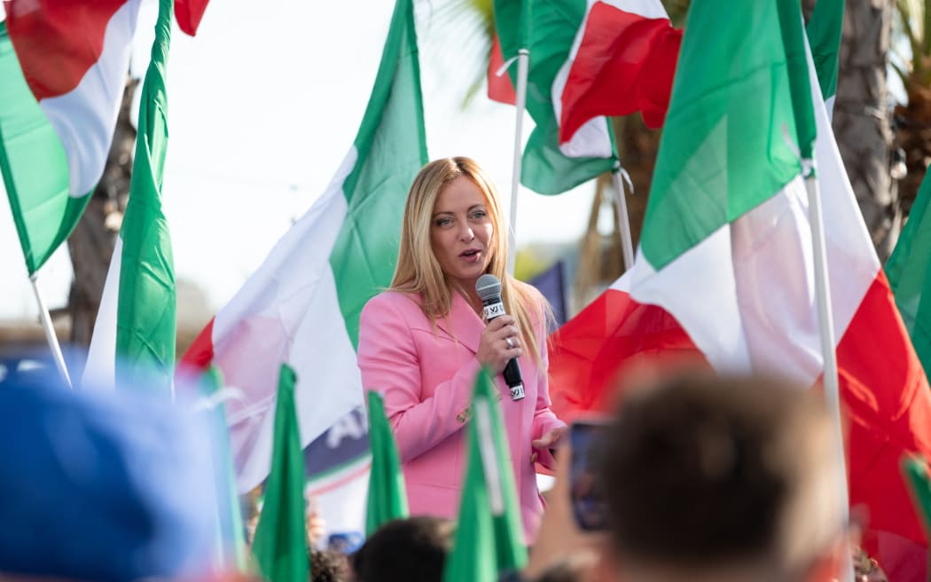 Leader of Italian far-right party Fratelli d'Italia (Brothers of Italy) Giorgia Meloni holds a speech in Bagnoli, quarter of Naples, Southern Italy, on 23 September, 2022.