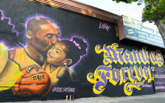 A mural honoring Kobe Bryant and his daughter Gianna in downtown Los Angeles, CA.