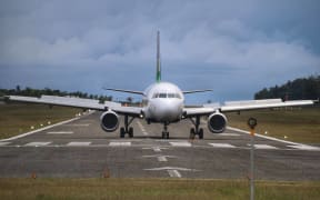 Solomon Airlines Airbus A320 lands at Munda airport, Western Province, Solomon Islands.