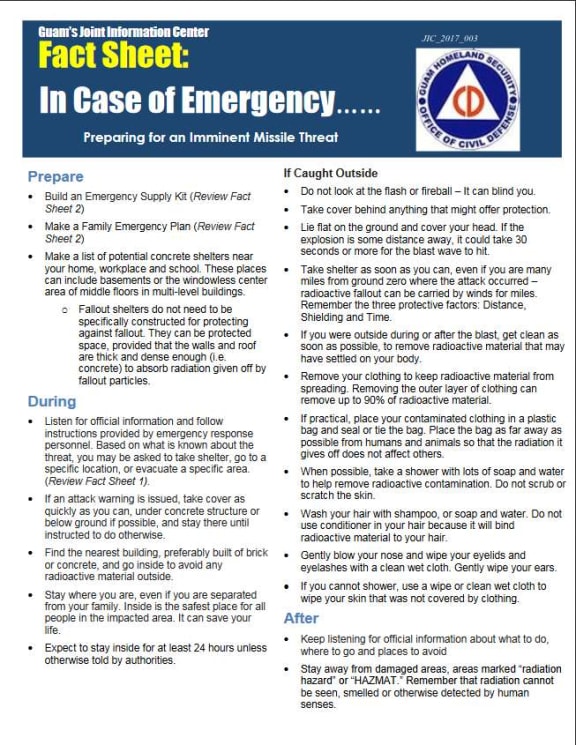 Guam's Homeland Security Department on Friday released this pamphlet: "In Case of Emergency - Preparing for an Imminent Missile Threat."