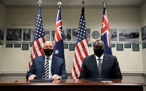 U.S Secretary of Defense Lloyd J Austin III and Australian Minister of Defence Peter Dutton pose for photo before their Bilateral Meeting at the State Department in Washington, U.S., September 16, 2021.