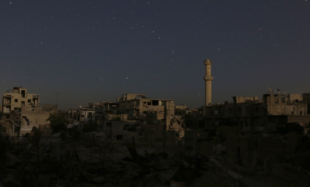 A picture taken overnight shows the Qabani mosque in the rebel-held area of Jobar, on the outskirts of Damascus early on September 23, 2015.