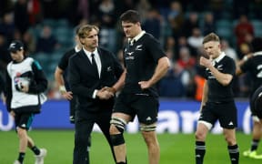Scott Robertson (left) and Scott Barrett after the England v All Blacks at Twickenham Stadium, London.
