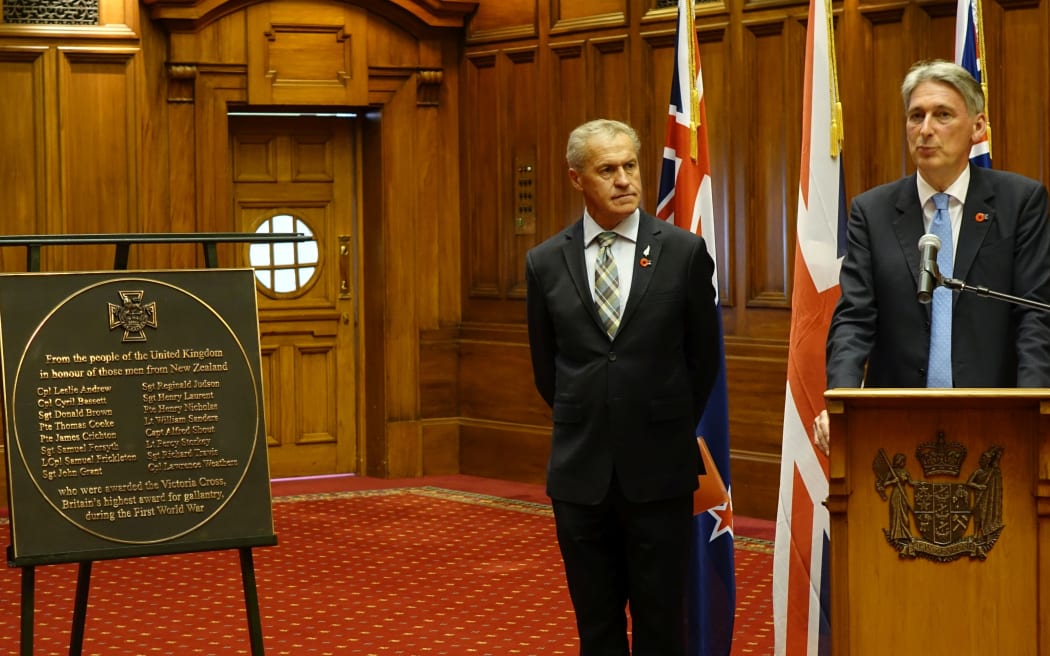 British Foreign Secretary Philip Hammond presenting WW1 Victoria Cross plaque to New Zealand's speaker, David Carter at Parliament.