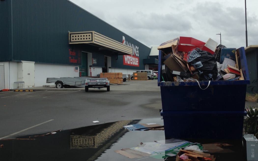 An overflowing skip bin at Bunnings in Lyall Bay.