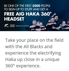 Advert for Stuff.co.nz and AIG turn the haka into a "world first" virtual reality experience in 2015.