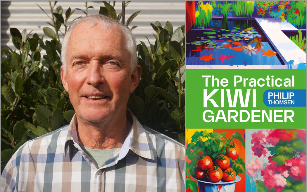 Image of Philip Thomsen and book cover 'The Practical Kiwi Gardener'