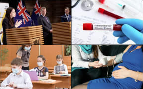 Clockwise, from top left: Prime Minister Jacinda Ardern announces there are no changes to alert levels; 35 new community cases reported; Midwifes and other health workers will have to be vaccinated; As will all people working at schools