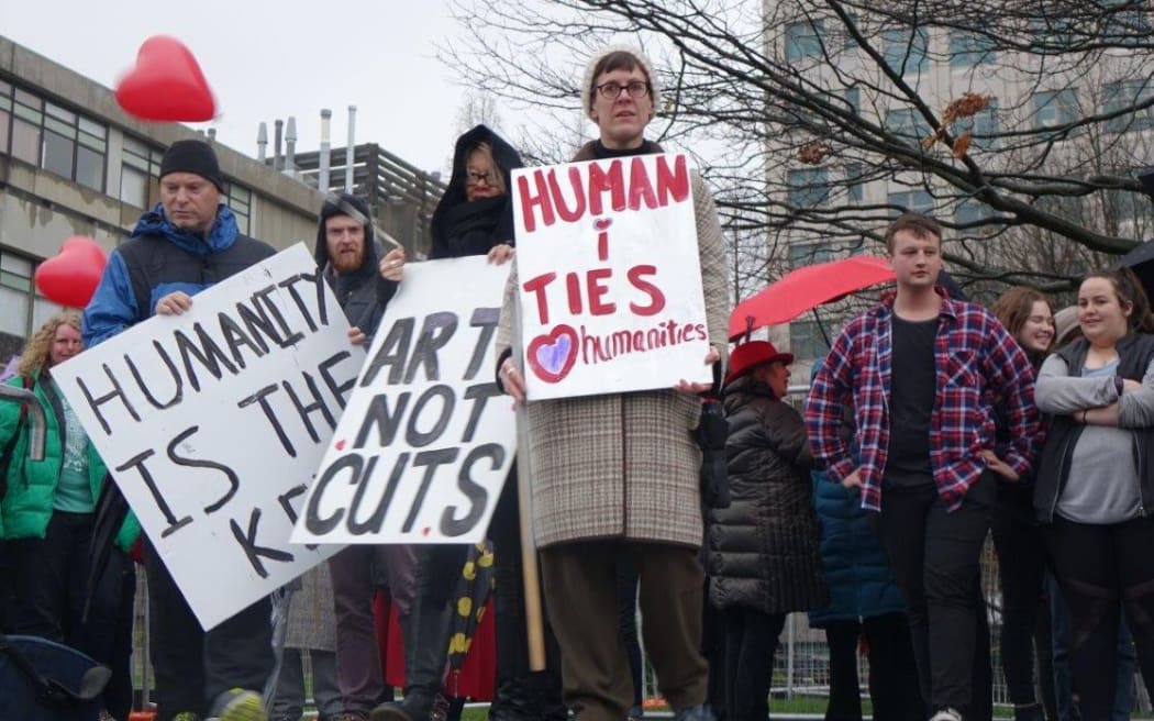 Protesters at Otago University rally against staff cuts proposed for the arts departments.