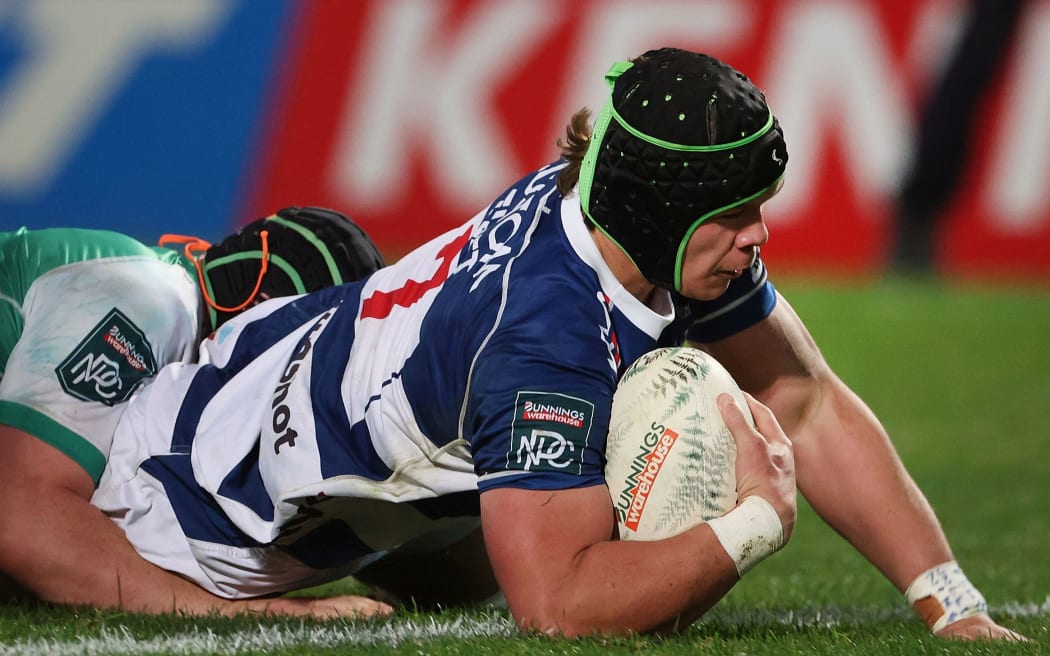 Auckland's Niko Jones scores a try during the Bunnings NPC rugby match between the Manawatu Turbos and Auckland at Central Energy Trust Arena in Palmerston North on the 10th August  2022. © Copyright image by Marty Melville / www.photosport.nz