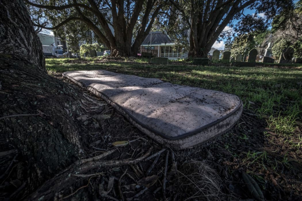 An old mattress in St Peter's cemetery in Onehunga, where a number of homeless people shelter at night.