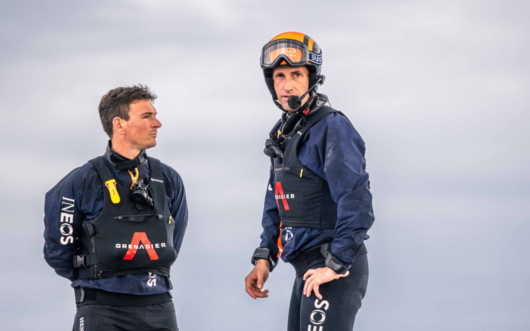 Debrief between Ben Ainslie, Ineos Skipper, and Dylan Fletcher, Ineos Port Helm, after losing the first two races on day one of the Louis Vuitton 37th America’s Cup in Barcelona, Spain on Saturday 12 October 2024.
Photo credit: Georgia Schofield / www.photosport.nz