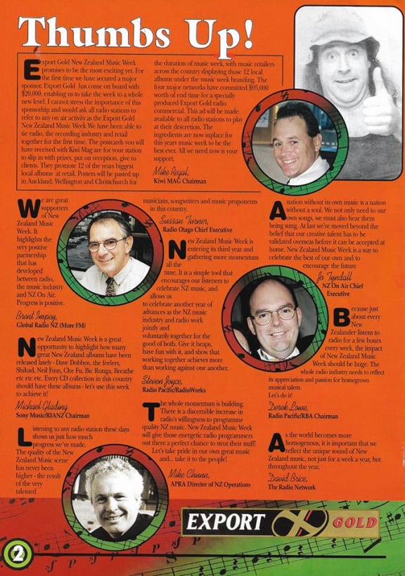 New Zealand Music Week promotional magazine circa 1999. Featuring endorsements from Mike Regal, Brent Impey, Mike Chunn and Stephen Joyce.