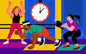 Illustration of people working out intensely, racing against the clock.
