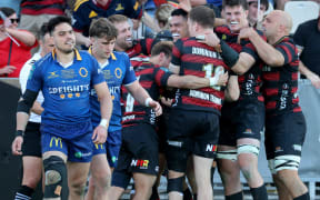 Canterbury celebrate a Manasa Mataele try during Canterbury v Otago, NPC Final rugby union match at Apollo Projects Stadium, Christchurch.