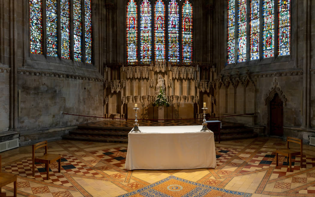Wells, United Kingdom - 1 September, 2022: close-up view of the altar in one of the side chapels of the Wells Cathedral
