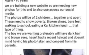 A screenshot of The Kai Kitchen's Facebook page showing an advertisement for a child model to represent poverty.