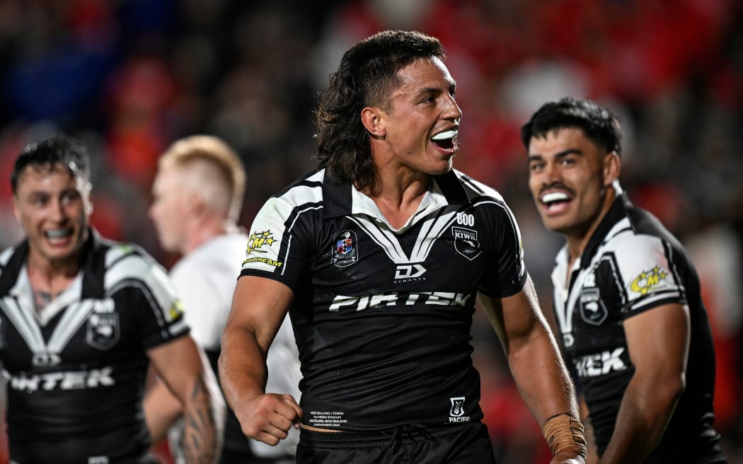 Joseph Tapine celebrates his try for the Kiwis against Tonga in the 2024 Pacific Championships rugby league test match at Mount Smart Stadium, 2 November 2024.