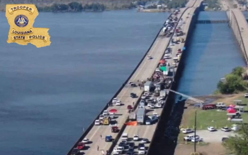 This still image obtained from a handout video released by the Lousiana State Police on Facebook shows cars piled up after a crash on Interstate 55 highway in St. John the Baptist Parish, Louisiana, on October 23, 2023. A large cloud of fog enveloping a highway led to at least 158 car crashes and seven deaths in the southern US state of Louisiana, authorities said. The so-called "super fog," which US media reported was caused by a mixture of marsh fires and dense fog, led to a massive pileup on Interstate 55, about 30 miles (48 kilometers) outside of New Orleans, the Louisiana State Police said in a statement. (Photo by Louisiana State Police / AFP) / RESTRICTED TO EDITORIAL USE - MANDATORY CREDIT "AFP PHOTO / LOUISIANA STATE POLICE " - NO MARKETING - NO ADVERTISING CAMPAIGNS - DISTRIBUTED AS A SERVICE TO CLIENTS