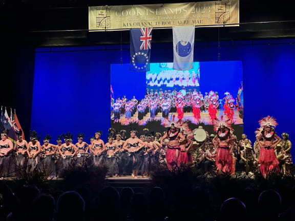 Cook Islanders perform to welcome delegates at the opening ceremony of the 52nd Pacific Islands Leaders Meeting in Rarotonga. 6 November 2023.