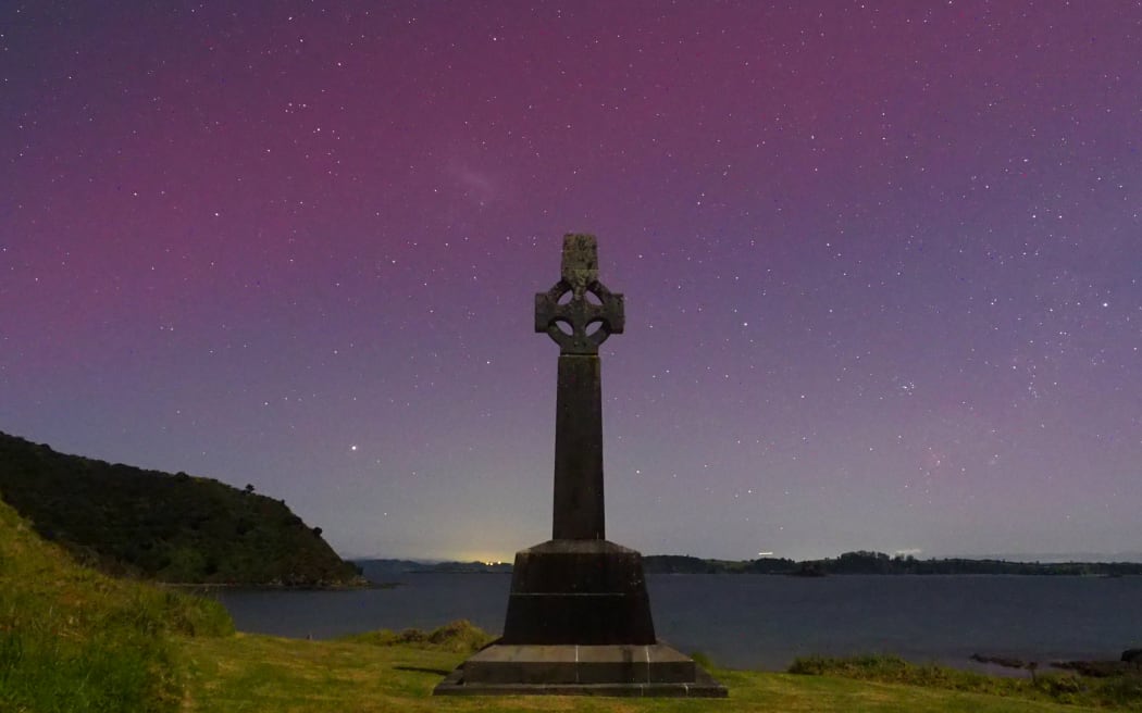 An image of the aurora australis taken on 11 October at Marsden Cross, Rangihoua Heritage Park, in the northern Bay of Islands.