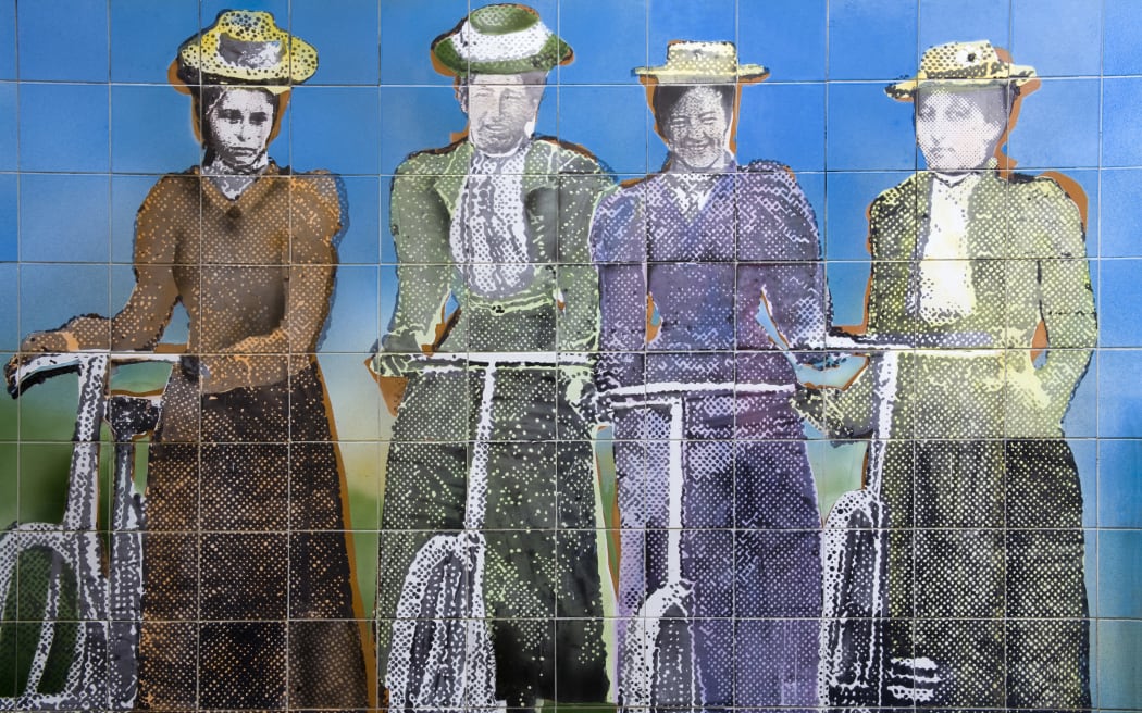 Photo of Women's Suffrage tile mural outside the Auckland Art Gallery, taken in February 2011.