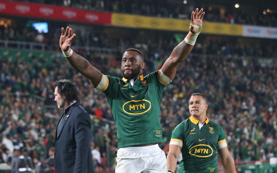 Siya Kolisi of South Africa celebrates victory during the 2024 Rugby Championship match between South Africa and New Zealand at Ellis Park,