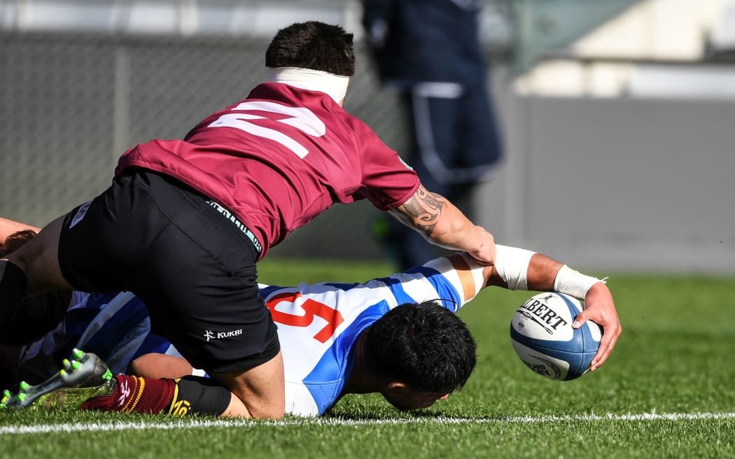 Lopeti Faifua scores a try.
Auckland Secondary Schools First XV Final. Rugby Union. King's College v Saint Kentigern College.