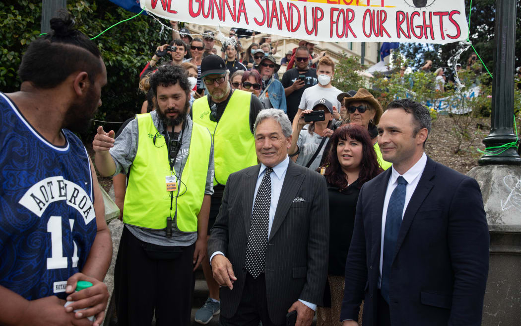 Winston Peters visits protestors at Parliament