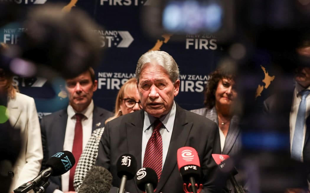 Winston Peters speaks to media after giving a New Zealand First State of the Nation Speech on Sunday, 23 March.