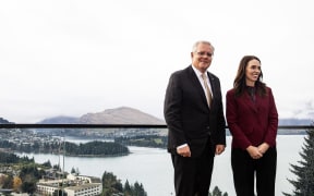 New Zealand Prime Minister Jacinda Ardern with Australia's Prime Minister Scott Morrison ahead of the Australia-New Zealand Leaders' Meeting in Queenstown on 31 May, 2021.