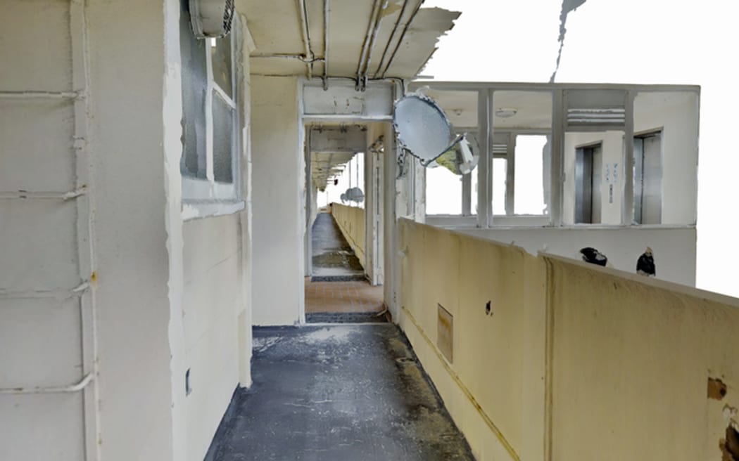 A recent view of the flats' walkway, taken from the university's virtual reality project.