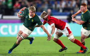 2019 Rugby World Cup Semi-Final, International Stadium Yokohama, 
South Africa's Pieter-Steph du Toit with Wales' Aaron Wainwright