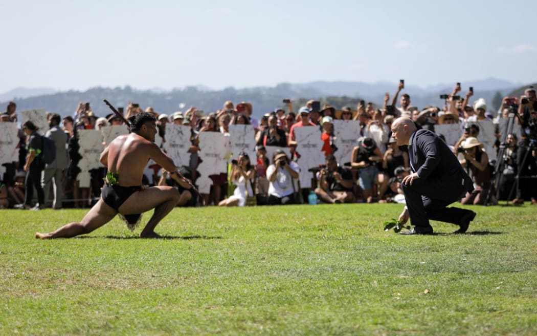 Christopher Luxon accepts the wero (challenge) at Waitangi Treaty Grounds 5 February 2024