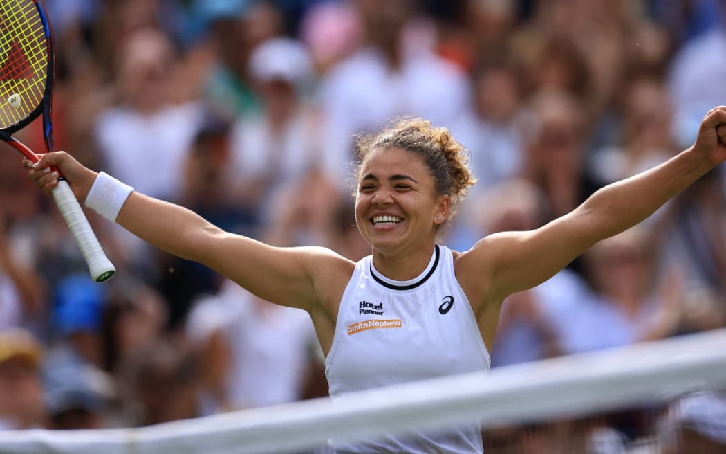 Jasmine Paolini of Italy celebrates after defeating  Donna Vekic of Croatia during the women's singles semi-final match on day 11 of the Wimbledon Tennis Championships at All England Lawn Tennis and Croquet Club in London, United Kingdom on July 11, 2024.