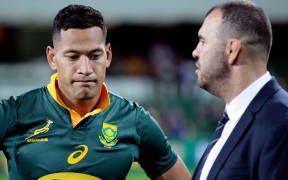 Wallaby Israel Folau (left) and coach Michael Cheika.