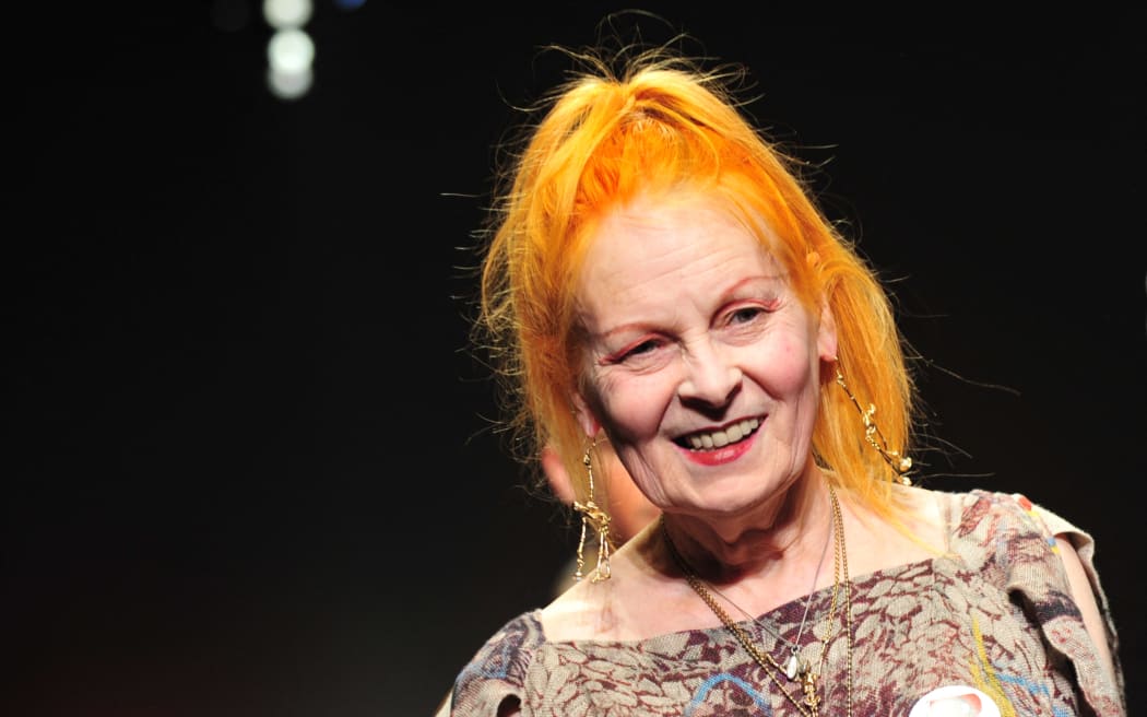 Dame Vivienne acknowledging the audience at the end of a fashion show in Milan in 2011.