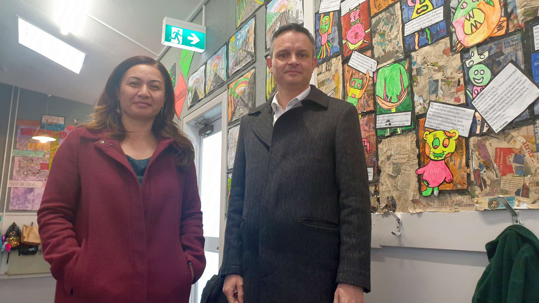 Marama Davidson and James Shaw at Normanby School South Taranaki.