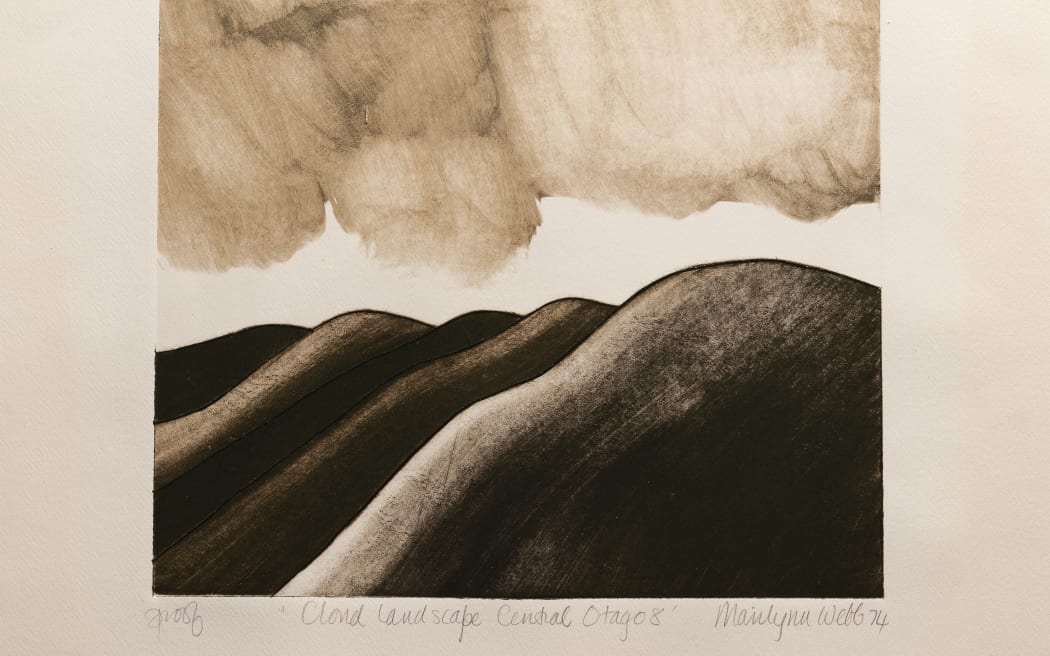 Marilynn Webb, Cloud Landscape Central Otago 8 1974, Linocut intaglio & relief support on paper