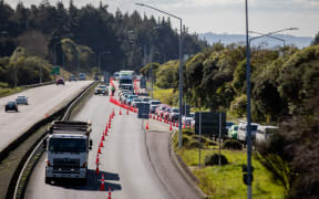 Police road block in Bombay, Auckland - level 3 in on 12 August