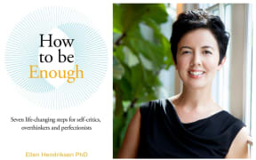 Ellen Hendriksen's next to her book cover 'How to be Enough'