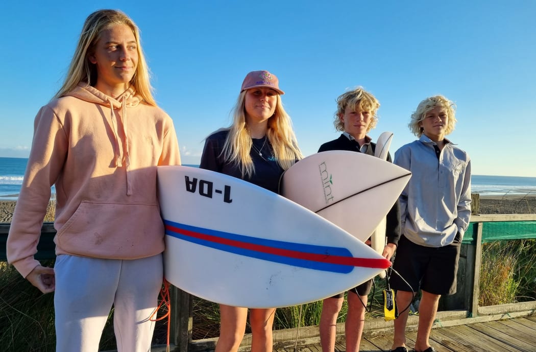 Taranaki's surfer teens, from left, Natasha Gouldsbury,  Skylar McFetridge, Kalani Louis and Spencer Rowson
